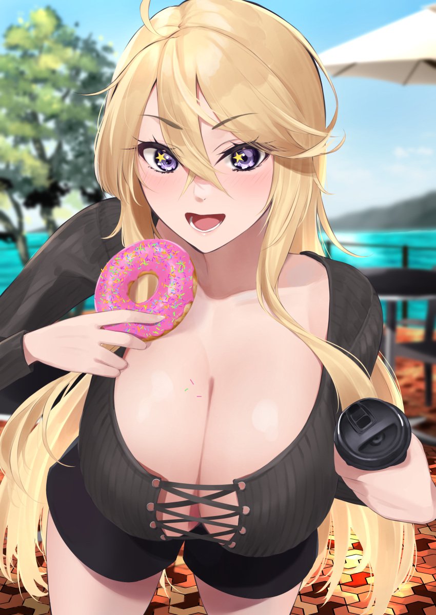 absurdres ahoge bangs black_shorts black_sweater blonde_hair blue_eyes blurry blurry_background breasts chair cleavage crossed_bangs cup disposable_cup doughnut female food hair_between_eyes hanging_breasts highres holding holding_cup holding_food huge_breasts iowa_(kantai_collection) kantai_collection leaning_forward long_hair looking_at_viewer open_mouth rinrin_kai short_shorts shorts star-shaped_pupils star_(symbol) sweater symbol-shaped_pupils table tree umbrella very_long_hair water