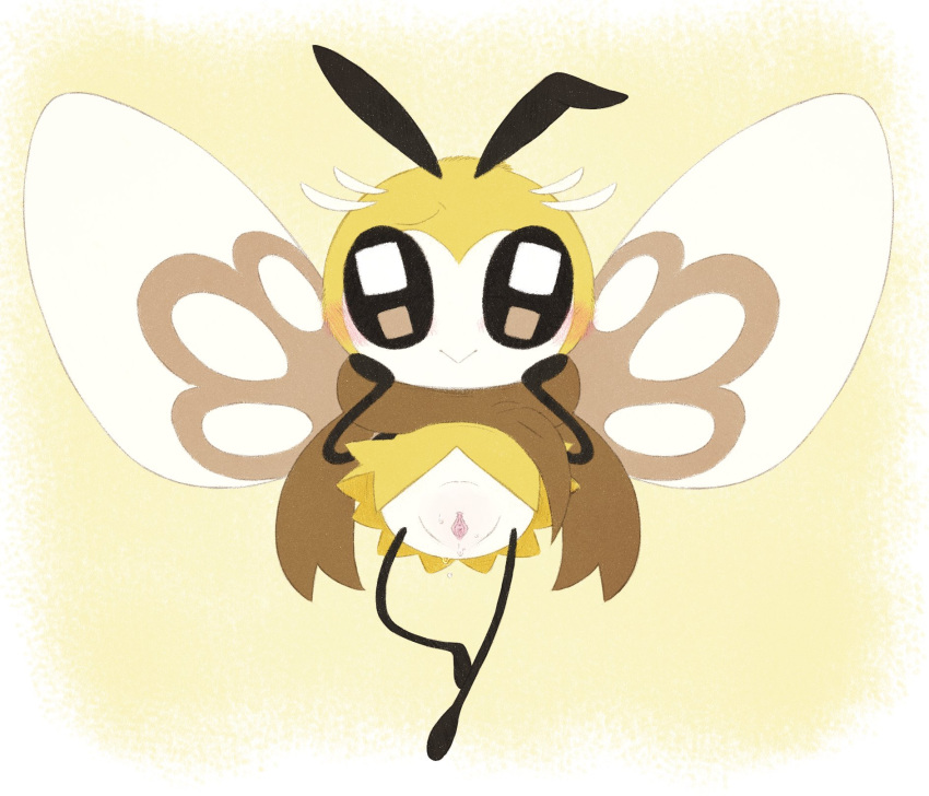 antennae_(anatomy) arthropod black_eyes blush bodily_fluids female feral genitals hi_res insect_wings insects looking_at_viewer multicolored_body nintendo pervoborb pokémon_(species) pokemon pussy ribombee scarf simple_background smile solo video_games wings