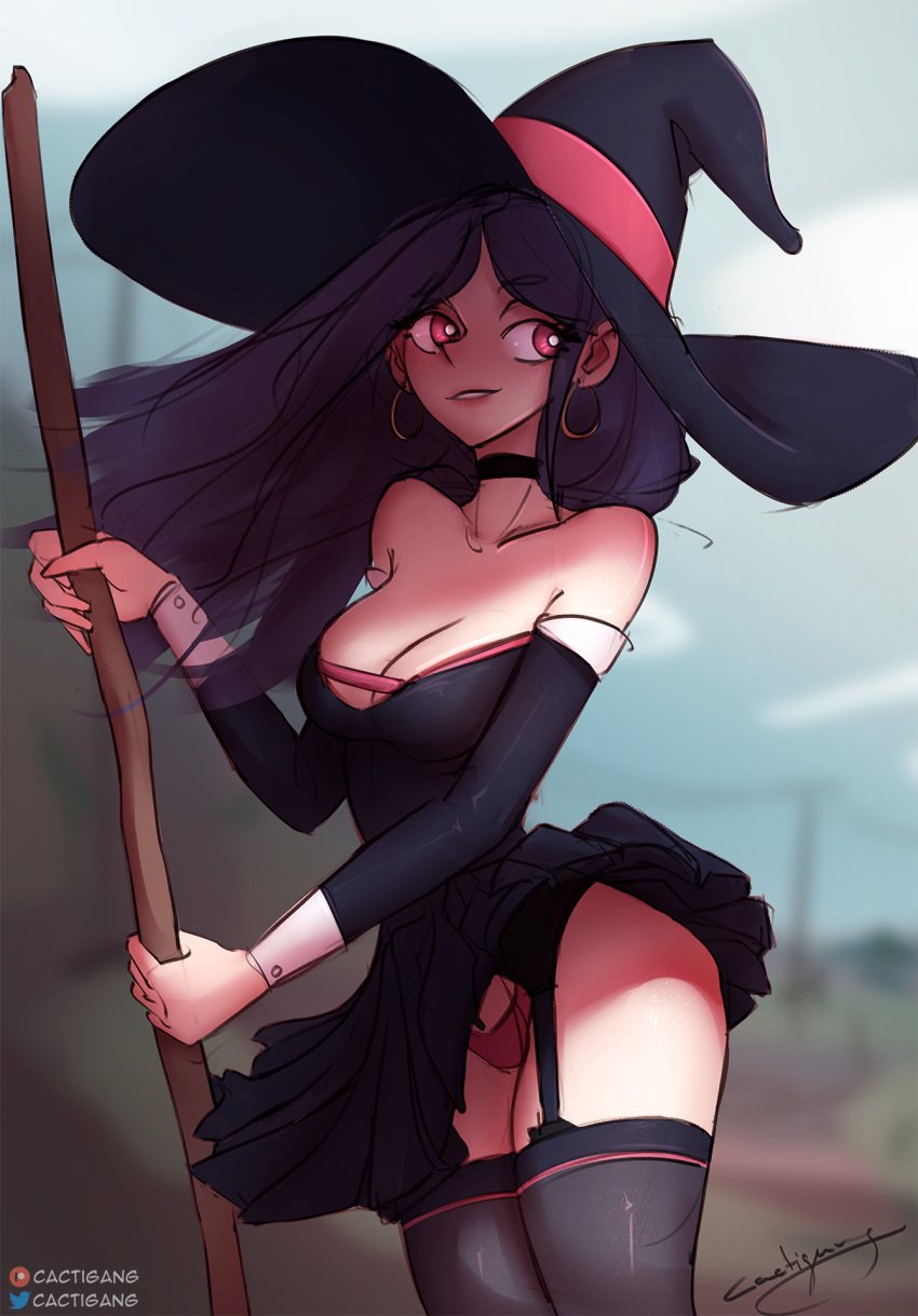 1girls cactigang dark_hair female female_only garter_belt garter_straps hat little_witch_academia long_hair panties revealing_clothes stockings thick_thighs thighhighs thighs ursula_callistis wide_hips witch witch_hat