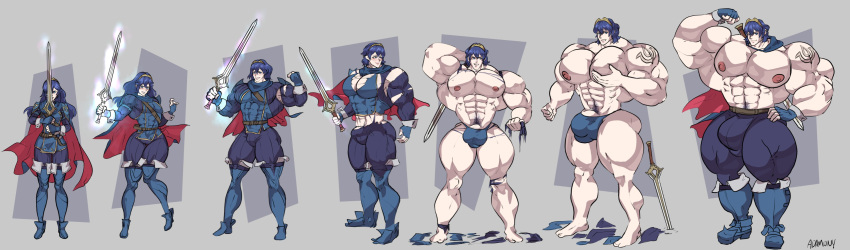 1boy 1girls adamony artist_name blue_clothing blue_hair boots bulge extreme_muscles fire_emblem fire_emblem:_mystery_of_the_emblem fire_emblem:_shadow_dragon_and_the_blade_of_light fire_emblem_awakening ftm_transformation gender_transformation genderswap_(ftm) grin huge_cock huge_pecs hyper_pecs long_hair lucina_(fire_emblem) male manly marth_(fire_emblem) muscle_growth pants pecs pectorals penis_peek rule_63 sequence shoulder_tattoo smile standing tattoo torn_clothes transformation transformation_sequence wardrobe_malfunction