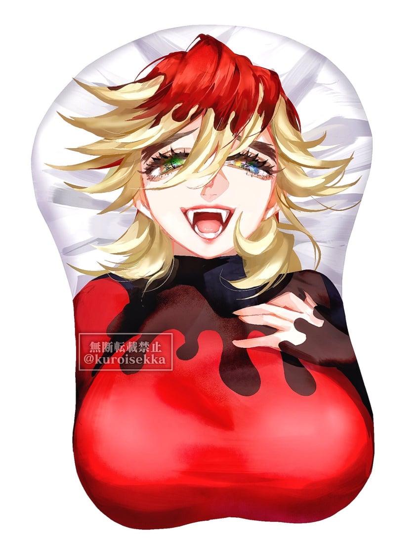 big_breasts blonde_hair boob_mousepad demon_girl demon_slayer douma fangs female female_only genderswap_(mtf) huge_breasts kimetsu_no_yaiba kuroisekka looking_at_viewer mousepad multicolored_eyes on_back open_mouth oppai_mouse_pad rainbow_eyes rule_63 smile solo spiky_hair thick_eyebrows two_tone_hair upper_body