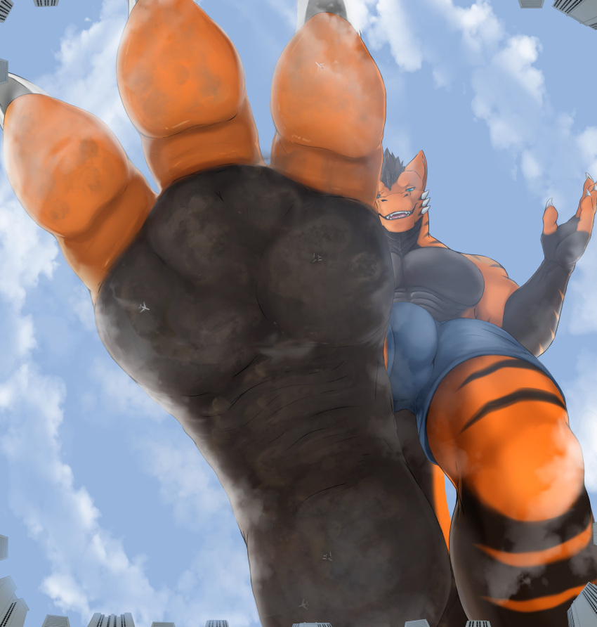 2022 3_toes absurd_res anthro balls_outline bottomwear bulge clothing cloud dragon feet first_person_view genital_outline hi_res imminent_stomp kurt_(kurtcbrox) kurtcbrox kurtcbrox_(character) looking_down male muscular muscular_anthro muscular_male shorts sky solo toes underpaw