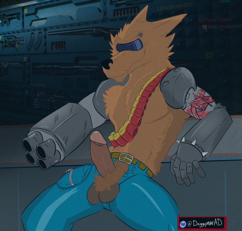 anthro balls biped brad_fang brown_body brown_fur canid canine canis circumcised contra_(series) contra_hard_corps cybernetics cyborg erection fur genitals gun_arm hi_res humanoid_genitalia humanoid_penis machine male mammal maverickk_(artist) penis solo visor were werecanid werecanine werewolf wolf