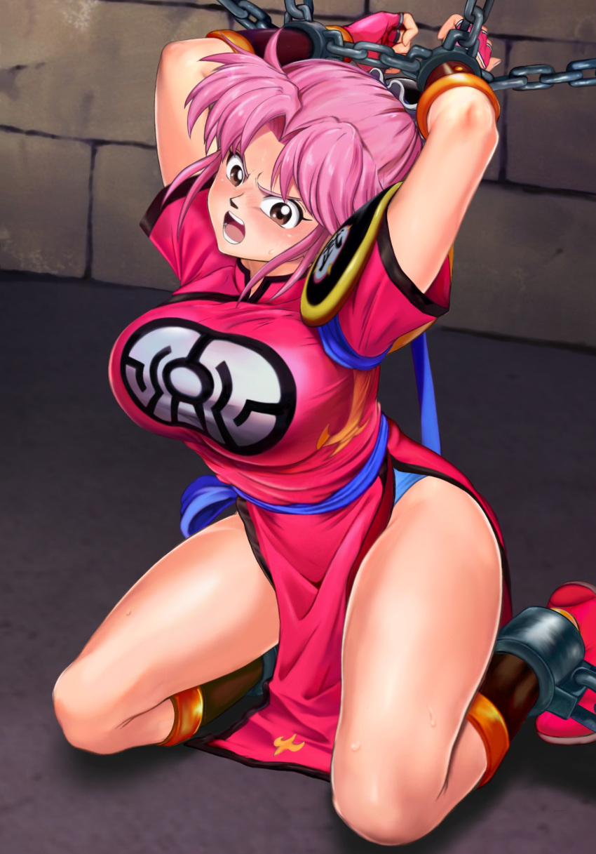 angry arms_up bare_legs big_breasts blue_panties bondage bound bound_ankles bound_wrists busty chained chained_up chains cheongsam clothed clothed_female clothing dragon_quest dragon_quest_dai_no_daibouken female femsub hair_bun hair_ornament kneeling large_breasts maam magenta_hair open_mouth panties pink_hair restrained saga_ma shackles solo solo_female tied