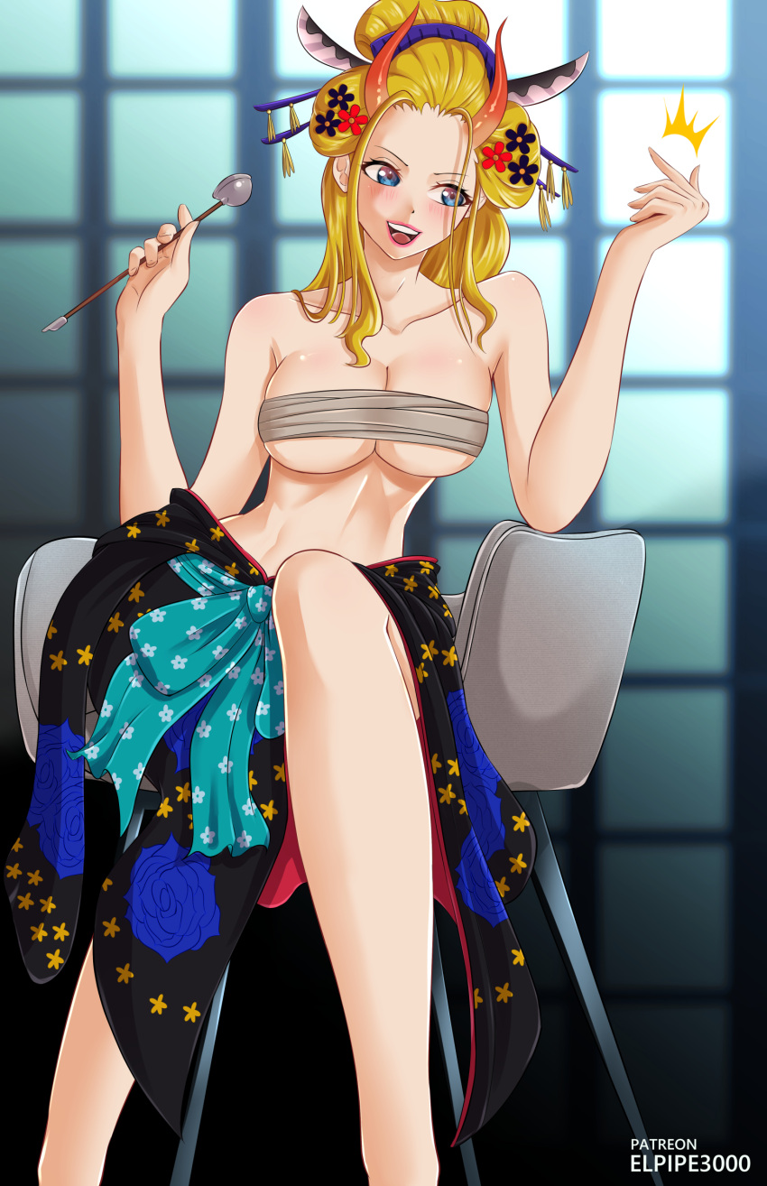 1girls black_maria blonde_hair blue_eyes breasts cigarette_holder elpipe3000 female female_only giantess horn horns hourglass_figure huge_breasts one_piece wano_country