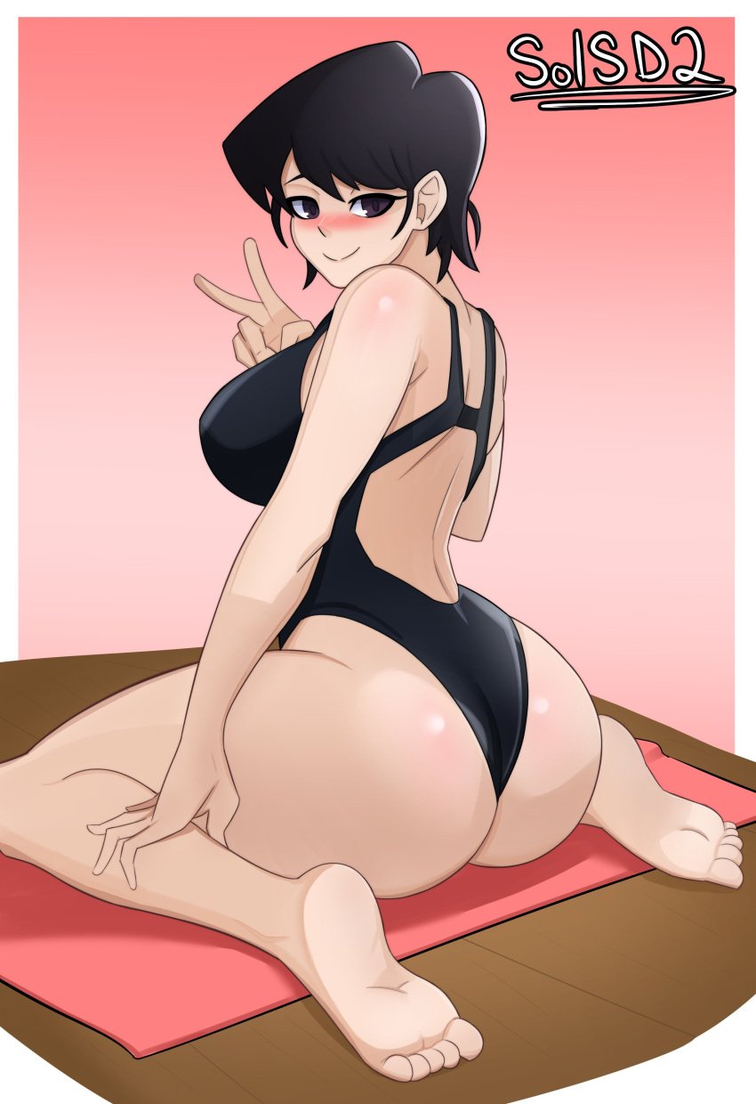 1girls ass big_ass big_butt black_hair blush breasts feet female_focus female_only kneeling komi-san_wa_komyushou_desu komi_shuuko mature_female milf peace_sign short_hair sideboob sol-sama_d2 soles solo thick_thighs