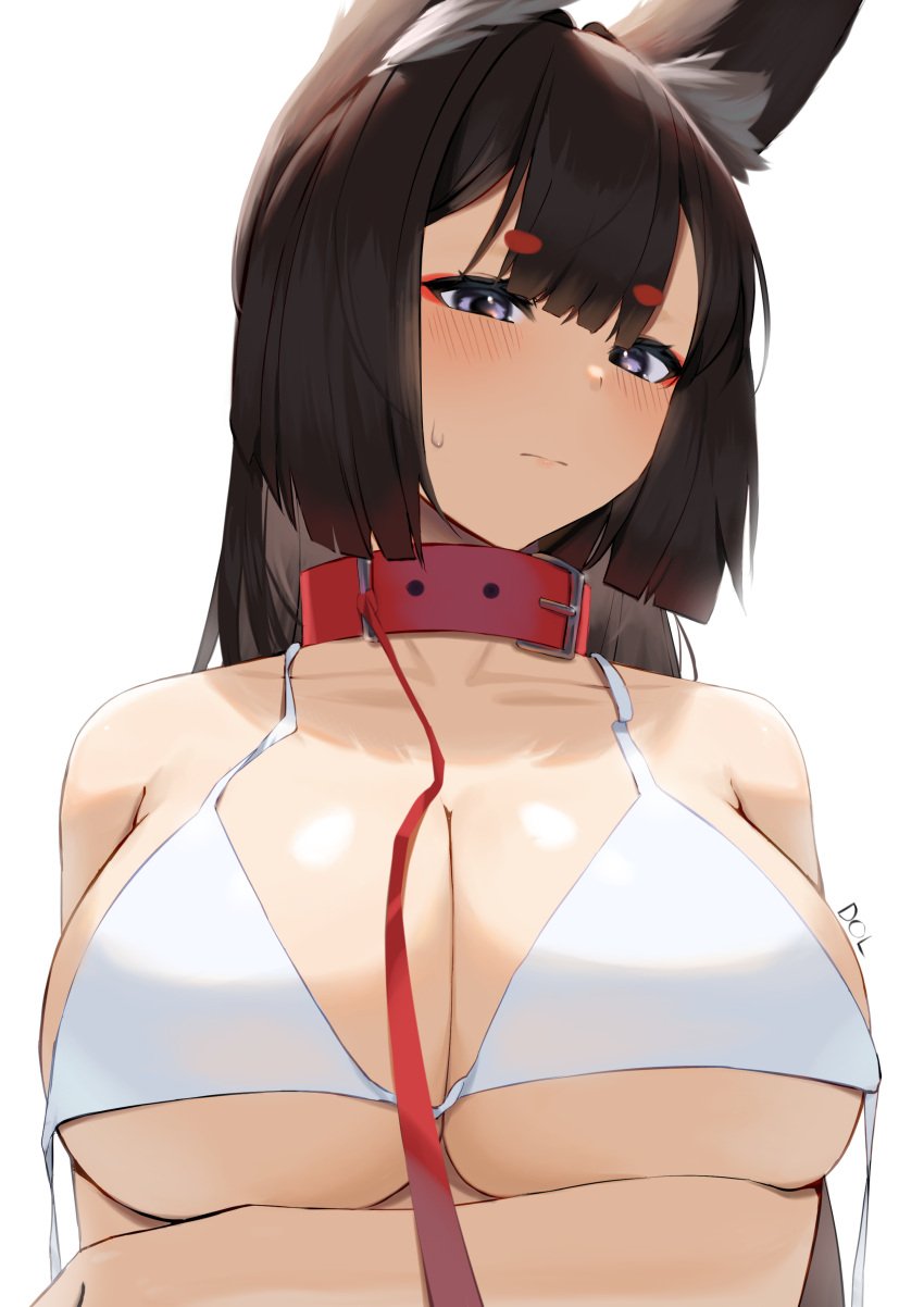 1girls absurd_res absurdres adult amagi_(azur_lane) animal_ear_fluff animal_ears arm_under_breast arm_under_breasts arms_under_breasts artist_name azur_lane bare_arms bare_chest bare_hands bare_shoulders bare_skin belt_collar bikini bikini_top black_hair black_hair_female blush blush_lines blushing blushing_at_viewer blushing_female breast_hold breasts brown_hair choker cleavage closed_mouth collar collarbone commentary dot_nose embarrassed embarrassed_female embarrassed_nude_female eyebrows_visible_through_hair eyeshadow female female_focus female_only fox_ears hair_between_eyes half_naked head_tilt high_resolution highres huge_breasts large_breasts leash leash_and_collar light-skinned_female light_skin lips long_hair looking_at_viewer lordol makeup mismatched_eyebrows naked naked_female nude nude_female purple_eyes purple_eyes_female red_choker red_collar red_eyebrows red_leash shiny_breasts shiny_shoulders shiny_skin shoulders simple_background solo standing string_bikini sweat sweatdrop swimsuit swimwear thick_eyebrows tilted_head upper_body white_background white_bikini white_bikini_top white_string_bikini white_swimsuit white_swimwear