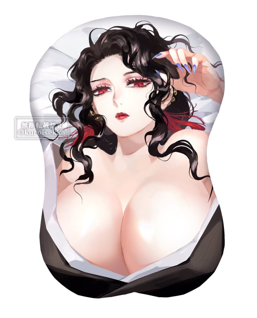 big_breasts black_hair blue_nails boob_mousepad canon_genderswap cleavage curly_hair demon_girl demon_slayer demoness female female_only genderswap_(mtf) hair_ornament huge_breasts kimetsu_no_yaiba kimono kuroisekka looking_at_viewer mousepad muzan_kibutsuji no_bra off_shoulder open_kimono oppai_mouse_pad red_eyes red_lipstick rule_63 sharp_fingernails slit_pupils solo upper_body