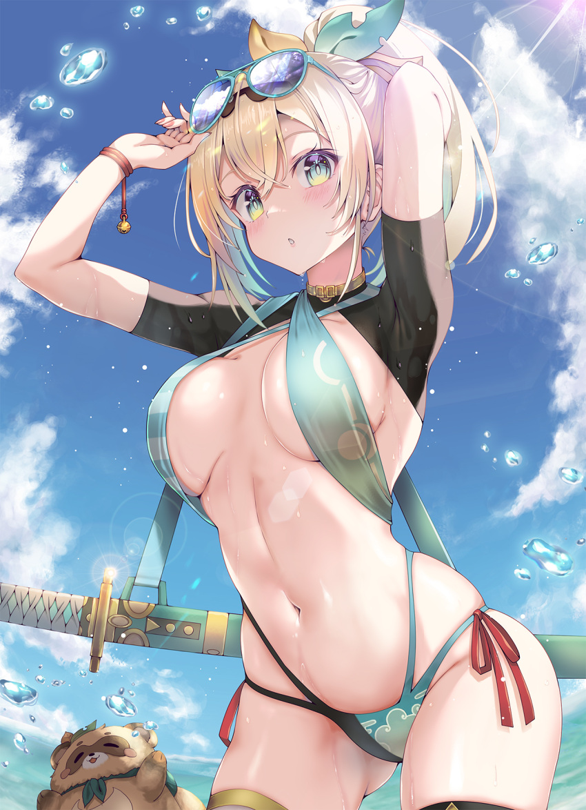 1girls 2021 adjusting_eyewear arms_up bangs bikini blonde_hair blue_bikini blue_eyes blue_sky blush breasts breasts_apart cloud cowboy_shot day eyewear_on_head female female_focus female_only hair_between_eyes highres hololive hololive_japan holox kazama_iroha kubota_masaki large_breasts looking_at_viewer multi-strapped_bikini navel outdoors parted_lips pokobee ponytail sheath sheathed short_sleeves shrug_(clothing) side-tie_bikini sky sling_bikini_top solo solo_female standing stomach sunglasses swimsuit toned virtual_youtuber wet