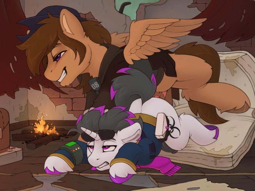 absurd_res anal anal_sex animal_genitalia animal_penis black_hair black_tail blush bodily_fluids brown_hair brown_tail clothing cutie_mark equid equine equine_penis eyewear fallout_equestria feathered_wings feathers fire fireplace genitals glasses hair half-closed_eyes hasbro haze_rad hi_res hooves horn inner_ear_fluff male male/male mammal my_little_pony narrowed_eyes pegasus penetration penis raised_tail rattatatus78 scarf sunglasses sweat talu_gana tuft unicorn unicorn_horn wings wood