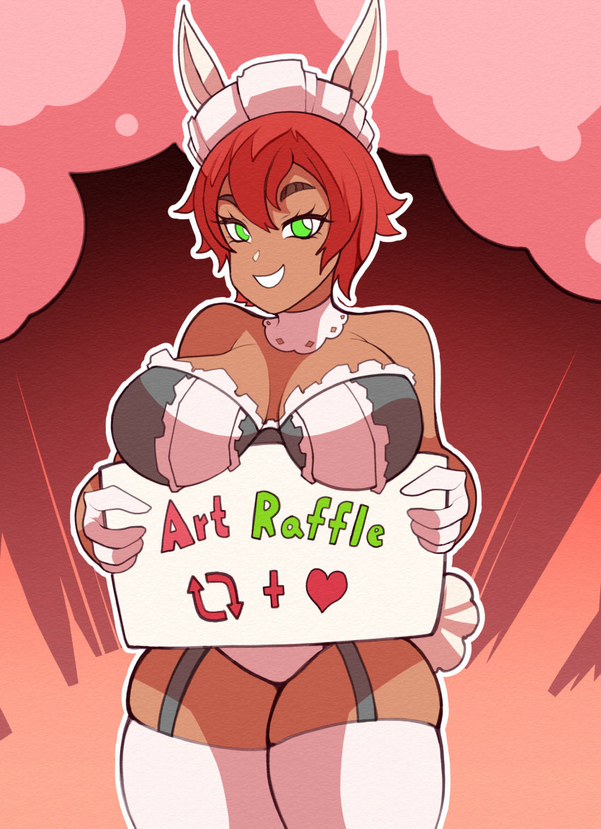 1girls art_raffle big_breasts bunny_ears bunny_girl bunny_tail dark-skinned_female dark_skin female giveaway green_eyes happy maid maid_headdress maid_outfit maid_uniform original original_character plump raffle red_hair short_hair smile srxnico97 thighhighs thighs