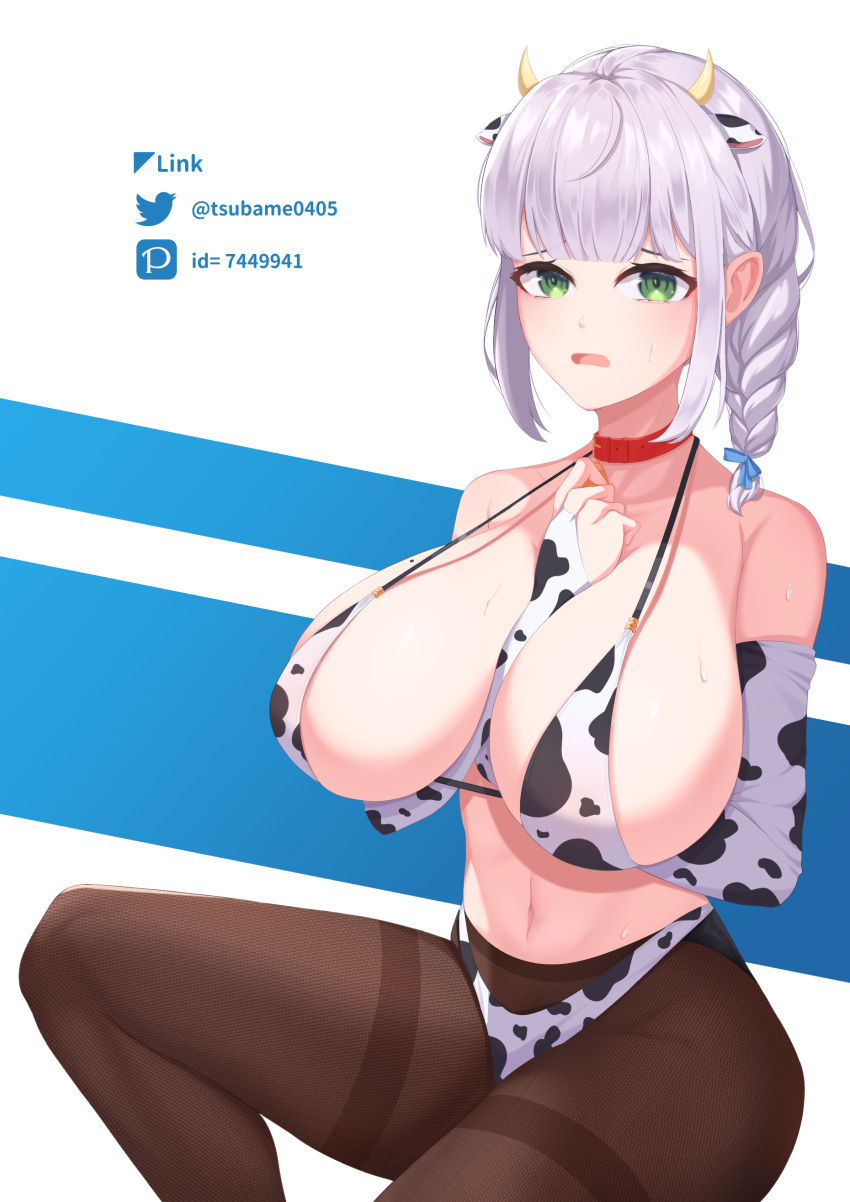 1girls 2022 arms_between_breasts armwear artist_name bare_shoulders big_breasts bikini bikini_bottom bikini_over_pantyhose bikini_top braid breasts cleavage collar collarbone cow_print cow_print_armwear cow_print_bikini female female_focus female_only green_eyes grey_hair hands_between_breasts hololive hololive_fantasy hololive_japan looking_at_viewer pantyhose shirogane_noel solo solo_female thick_thighs thighs tsubame0405 twitter_username virtual_youtuber