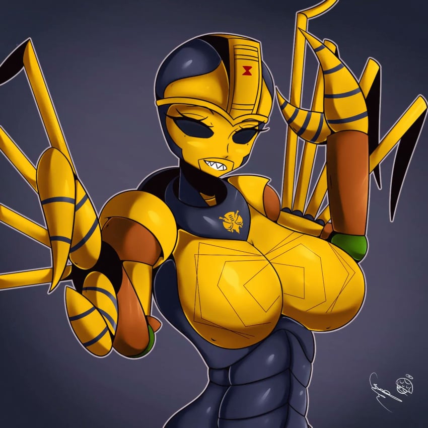 1girls alien alien_girl beast_wars big_breasts black_eyes blackarachnia breasts busty female female_only robot robot_girl robot_humanoid solo solo_female tr_yithaz transformers yellow_breasts