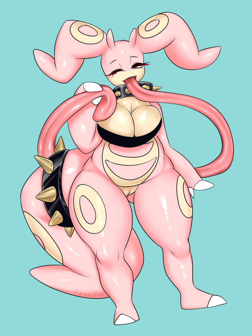 anthro breasts cleavage clothed clothing collar female genitals goodra hi_res hybrid lickitung long_tongue looking_at_viewer nintendo one_eye_closed partially_(disambiguation) pink_body pokémon_(species) pokemon pokemon_(species) pukemilked pussy red_eyes smile solo spiked_collar spikes tongue video_games wink