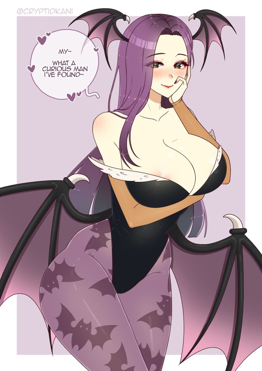 1girls absurdres alternate_costume alternate_version_available animal_print arm_under_breasts bare_shoulders bat_print bat_wings black_leotard blush breasts brown_eyes cleavage clothing collarbone commission cosplay cryptid_crab darkstalkers demon_girl english_text female female_only fire_emblem fire_emblem_echoes:_shadows_of_valentia fur-trimmed_leotard fur_trim hand_on_own_face head_wings heart highres large_breasts leotard lips long_hair looking_at_viewer low_wings monster_girl more_at_source morrigan_aensland morrigan_aensland_(cosplay) nail_polish nintendo off-shoulder_leotard pantyhose print_pantyhose purple_hair purple_nails purple_pantyhose purple_wings simple_background smile solo sonya_(fire_emblem) speech_bubble succubus text thick_thighs twitter_username vampire_(game) very_long_hair wide_hips wings