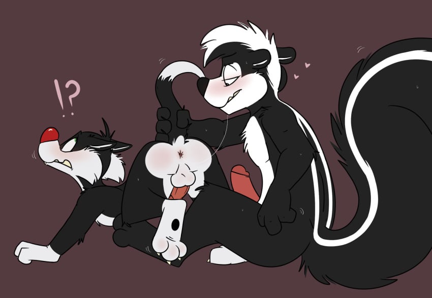 anthro duo felid hi_res implied_oral looking_down looney_tunes male male/male mammal mephitid pepé_le_pew pepe_le_pew rotten_robbie saliva_trail skunk smooth_fur surprised_expression sylvester tail_grab warner_brothers