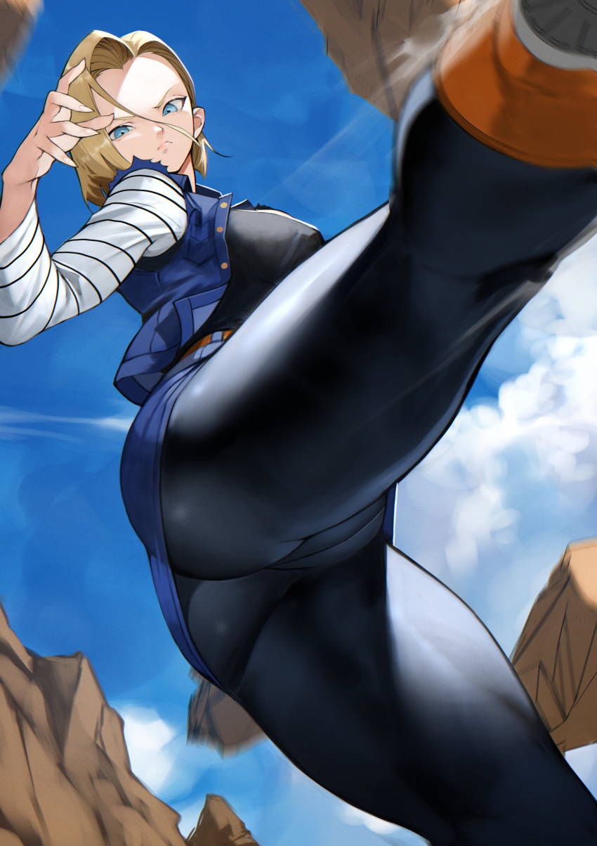 alternate_version_available android_18 big_breasts big_butt blonde_hair cameltoe dragon_ball dragon_ball_z kicking muscular_thighs skirt yoshi55level yoshio_(55level)