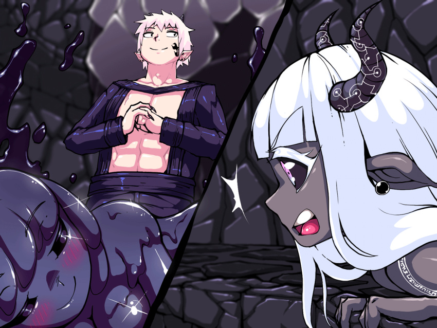 1boy 2girls after_sex celes_(crimson_keep) color colored crimson_keep demon female heletris_hatespine horns incubus introspurt monster_girl nude_female panels sleeping slime_girl solo soriel_(crimson_keep) succubus tattoo