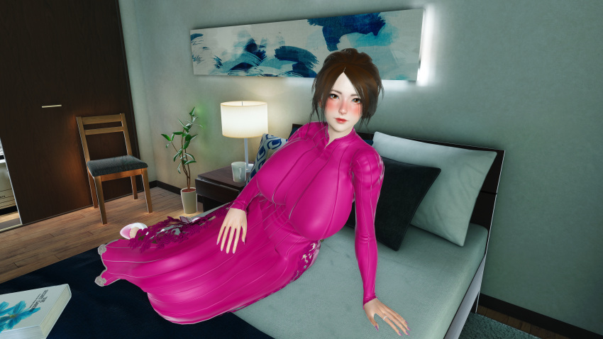 3d alone beauty_mark bedroom big_breasts blush brown_eyes brown_hair chair female feminine_pose lamp milf mother original pillow pink_clothing ring studio_neo_2 widow