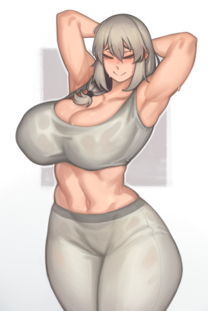 1girls absurd_res armpits arms_behind_head arms_up bangs bare_shoulders blush bra breasts clavicle cleavage closed_eyes clothing curvaceous curves female grey_bra grey_hair grey_pants grey_sports_bra grin hair_over_shoulder hi_res huge_breasts kelvin_hiu long_hair low_tied_hair mature mature_female milf navel pants plain_background simple_background smile solo sports_bra standing tight tight_pants underwear uzaki-chan_wa_asobitai! uzaki_tsuki yoga_pants