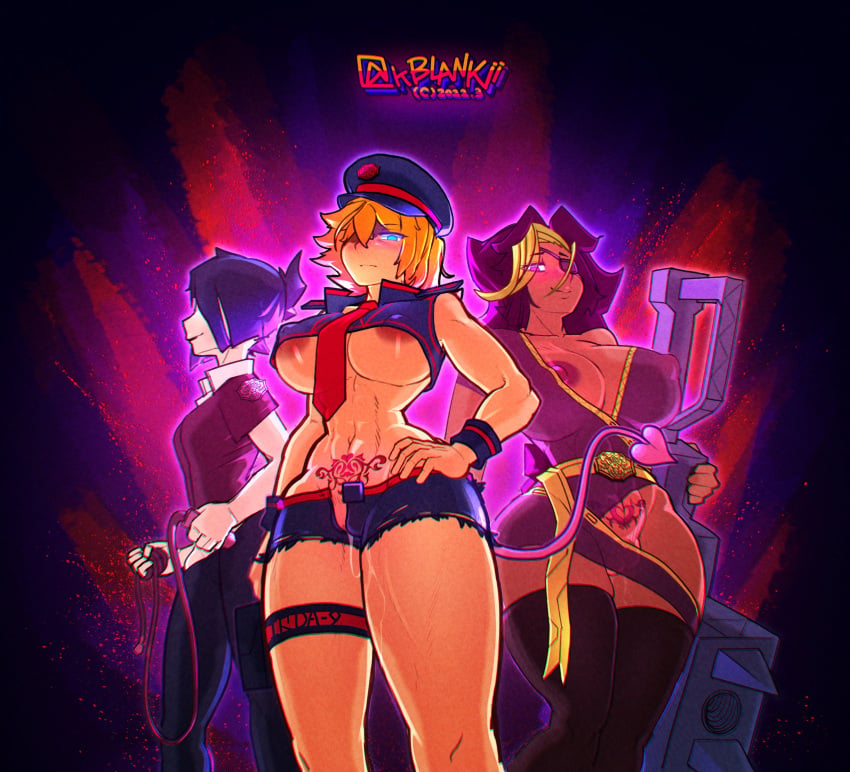 3girls absurdres areola_slip areolae artist_logo black_background black_hair blonde_hair blue_eyes breasts cleavage covered_nipples crop_top dark_areolae dark_skin demon_girl demon_tail eyepatch glaring groin hair_over_one_eye highres k.blank large_breasts looking_at_viewer multicolored_hair multiple_girls narrow_waist necktie nipple_slip nipples open_fly original pants popped_collar pubic_tattoo purple_eyes pussy_juice revealing_clothes shirt short_hair short_shorts shorts sleeveless smirk standing succubus succubus_tattoo tail tattoo thigh_strap thighhighs two-tone_hair underboob