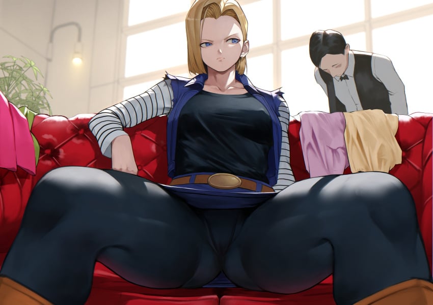 android_18 big_breasts big_butt blonde_hair cameltoe dragon_ball dragon_ball_z servant skirt spread_legs yoshi55level yoshio_(55level)