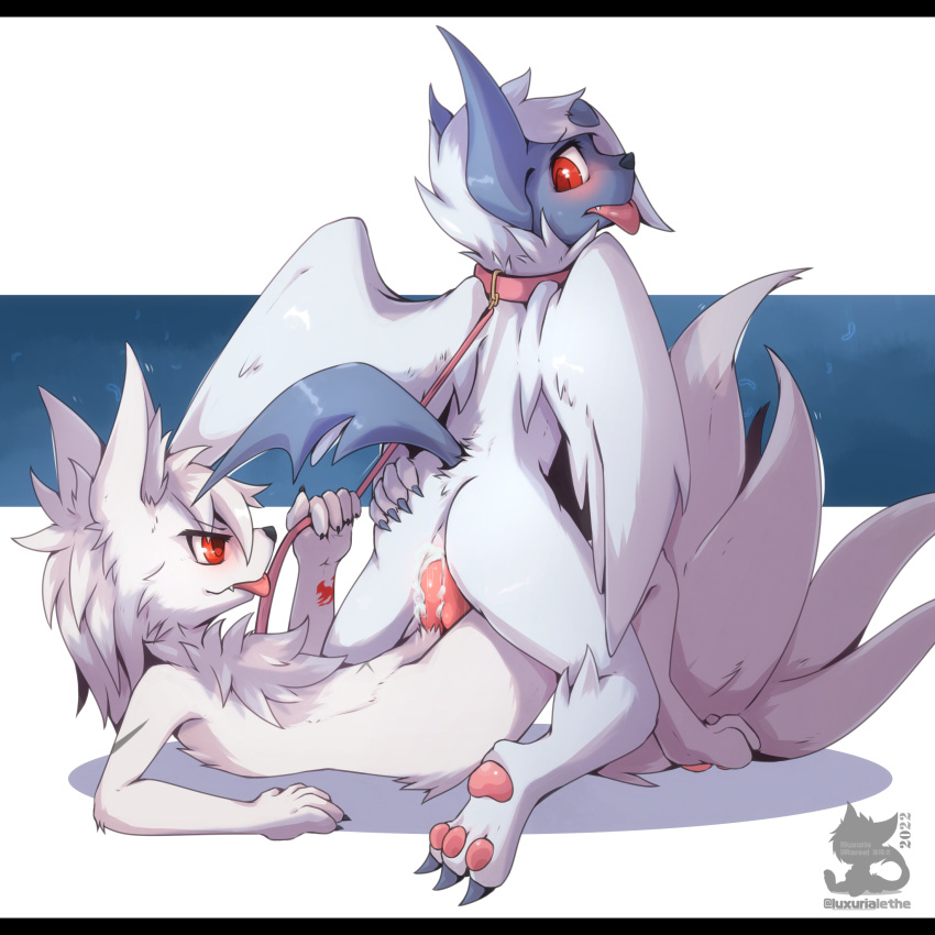 2022 absol anthro black_bars blush collar fur hi_res leash luxuria male male/male ninetales nintendo pokémon_(species) pokemon pokemon_(species) sex shiny_ninetales shiny_pokemon tongue tongue_out underpaw video_games