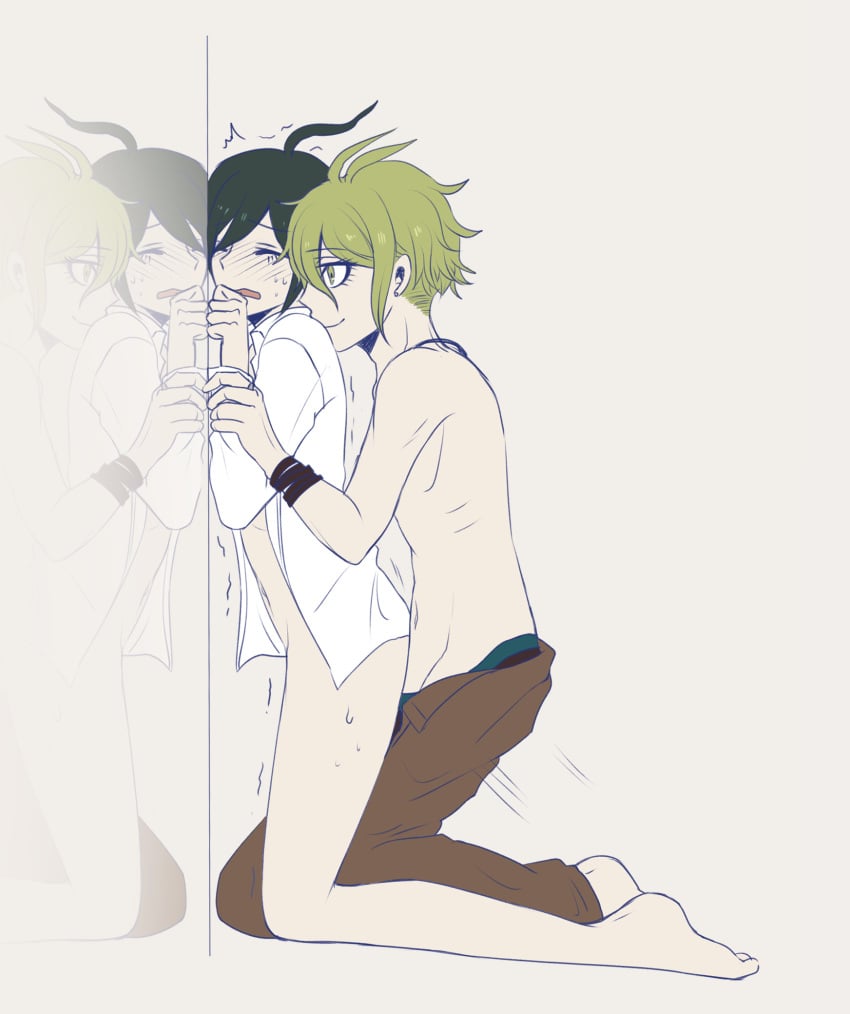 2boys aammss188 against_wall bottomless danganronpa danganronpa_v3 gay green_eyes green_hair looking_pleasured male male/male male_only open_clothes open_shirt pale_skin rantaro_amami saihara_shuuichi smile smiling straight_hair topless yaoi