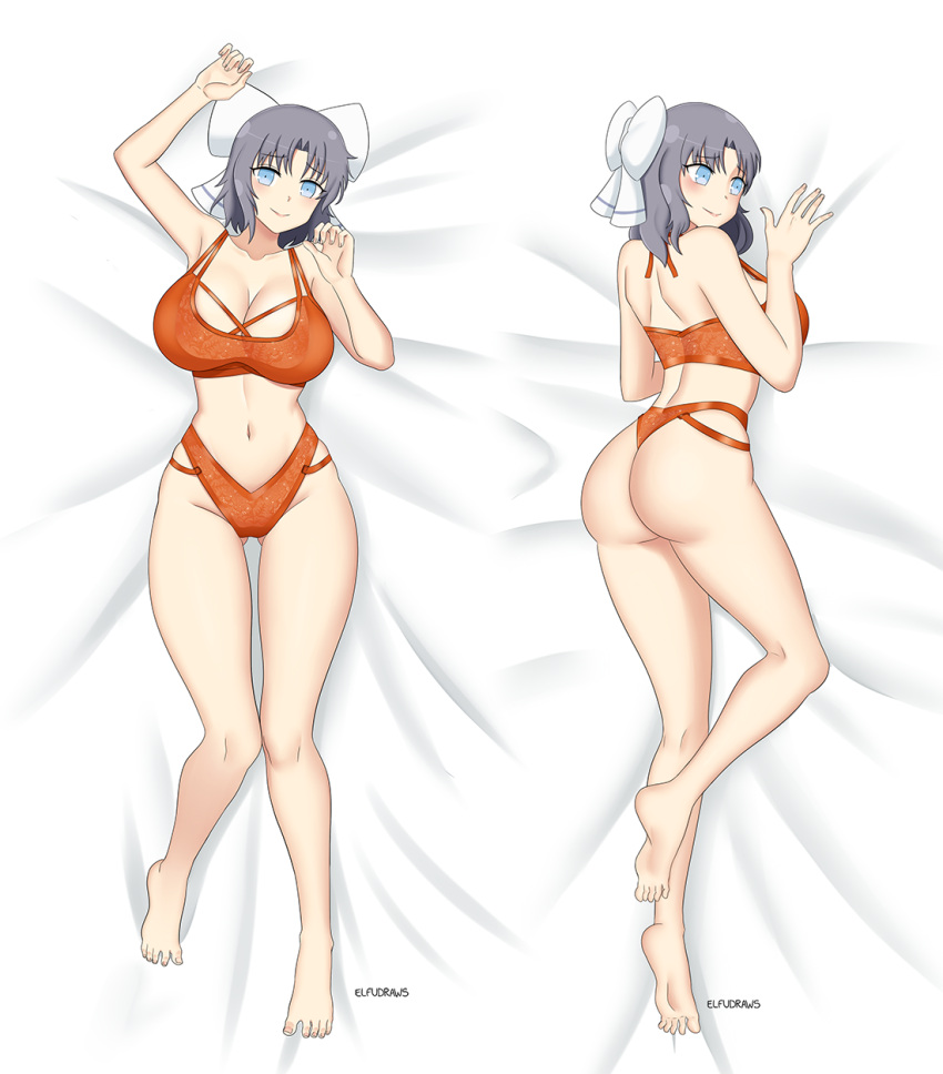 1girls ass bikini blue_eyes bubble_butt cleavage color elfudraws fanart female_ass front_and_back hairbow huge_breasts medium_hair purple_hair senran_kagura tagme voluptuous yumi_(senran_kagura)