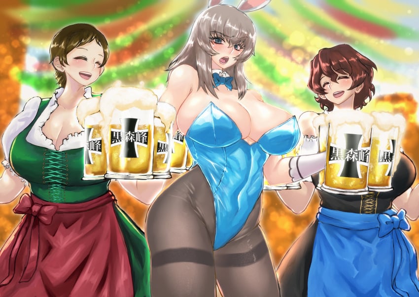 3girls absurdres akaboshi_koume alcohol alternate_costume apple apron asuna_(blue_archive) asuna_(blue_archive)_(cosplay) asuna_(bunny)_(blue_archive) asuna_(bunny)_(blue_archive)_(cosplay) bangs beer beer_mug black_dress black_legwear blue_apron blue_archive blue_bow blue_bowtie blue_eyes blue_leotard blurry blurry_background bougainvillea_(unnryuu) bow bowtie breasts closed_eyes clothing_cutout collar cosplay covered_navel cup detached_collar dirndl dress emblem eyebrows_visible_through_hair facing_another food frilled_sleeves frills frown fruit german_clothes girls_und_panzer green_dress highleg highleg_leotard highres holding holding_cup huge_breasts itsumi_erika kojima_emi kuromorimine_(emblem) leotard looking_at_viewer medium_hair mug multiple_girls oktoberfest open_mouth pantyhose playboy_bunny puffy_short_sleeves puffy_sleeves red_apple short_hair short_sleeves shoulder_cutout silver_hair smile standing strapless strapless_leotard swept_bangs thighband_pantyhose thighs very_short_hair waist_apron wavy_hair white_collar wing_collar