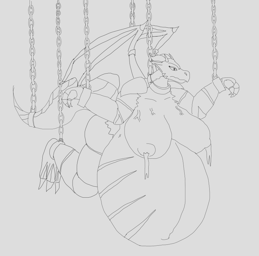 absurd_res anthro belly breasts cell_(disambiguation) chains dragon female hanging_bondage hanging_breasts hi_res horn milk pauliusthemad pregnant prison solo vein vwpologt wings