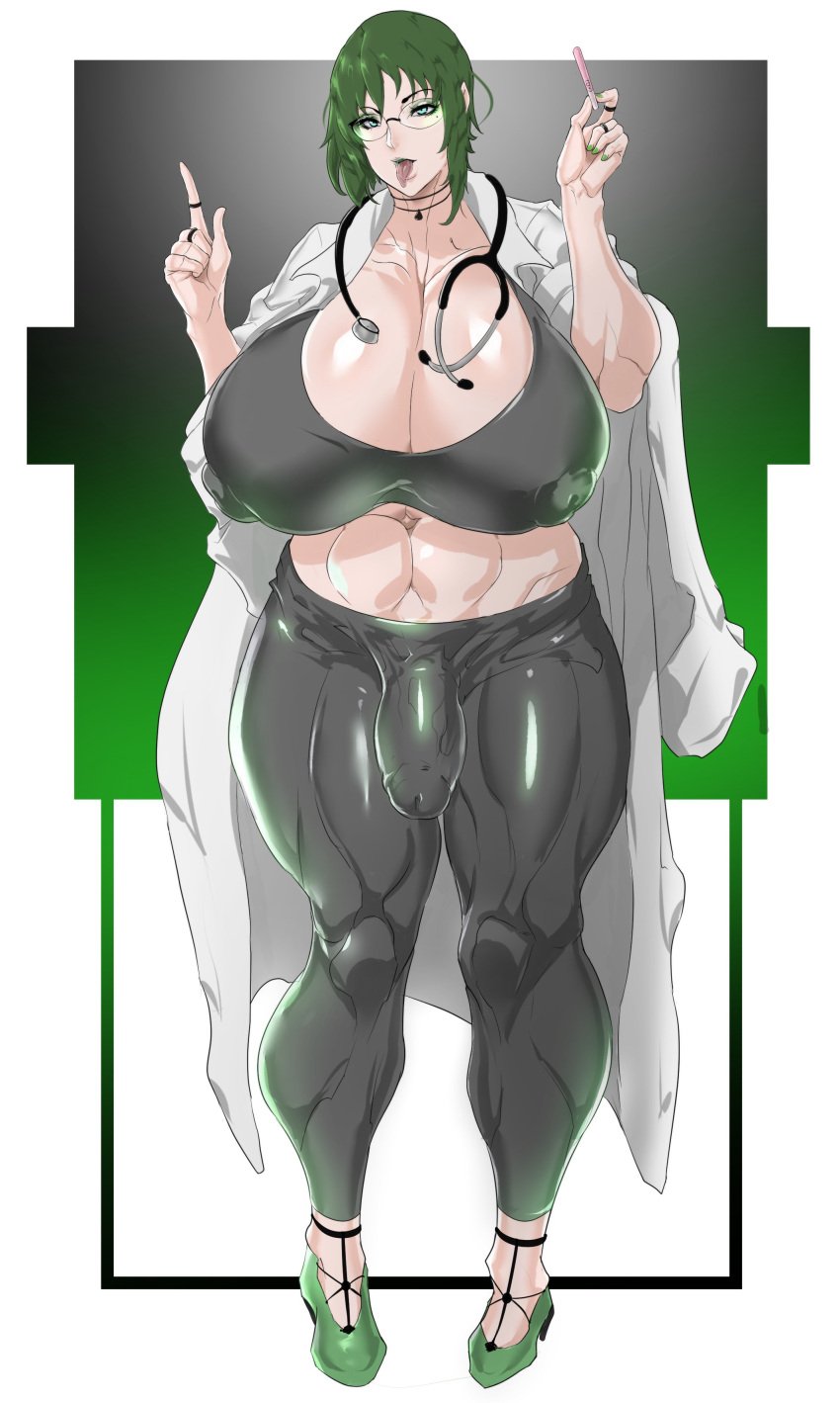 1futa big_penis breasts bulge chubby cleavage clothed clothing doctor erection erection_under_clothes fully_clothed futa_only futanari gigantic_breasts glasses green_hair huge_breasts huge_cock human lab_coat light-skinned_futanari light_skin looking_at_viewer mole_under_eye muscular muscular_futanari nipples_visible_through_clothing penis pregnancy_test puffy_nipples skintight solo solo_futa standing stethoscope tenchizone thick_thighs