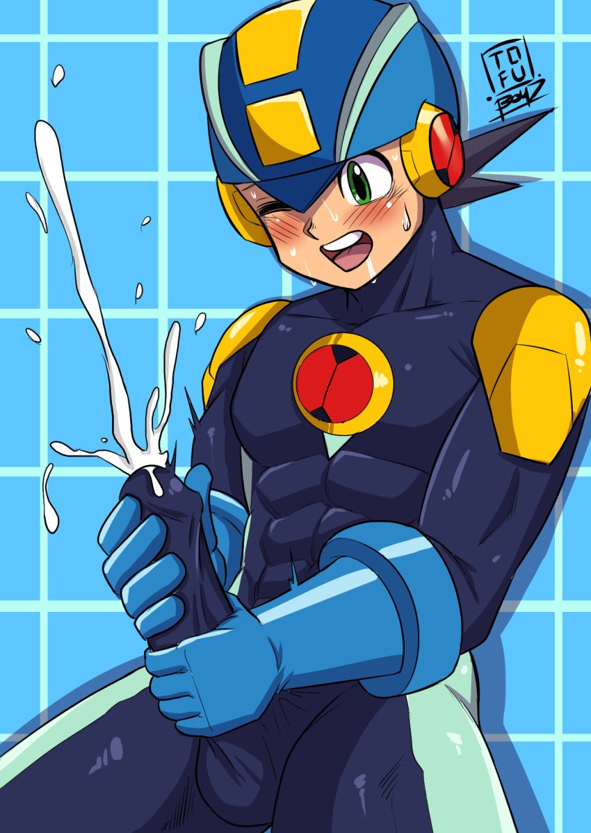 1boy ahe_gao cum cumming_through_clothing erection_under_clothes male male_only masturbation mega_man mega_man_battle_network megaman.exe rockman_exe solo solo_male tofuboyz