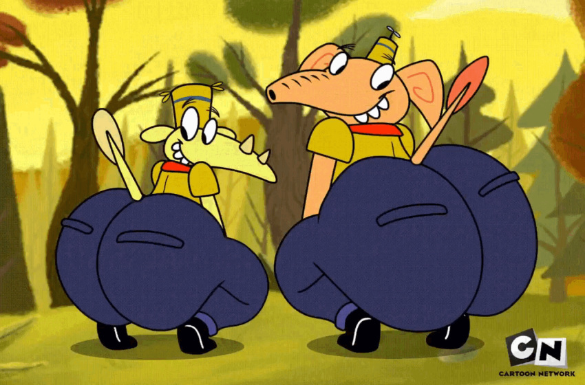 2boys animated animated_gif ass big_butt breathotter butt camp_lazlo cartoon_network clam clam_(camp_lazlo) elephant joe_murray male raj_(camp_lazlo) shaking shaking_ass shaking_butt watermark