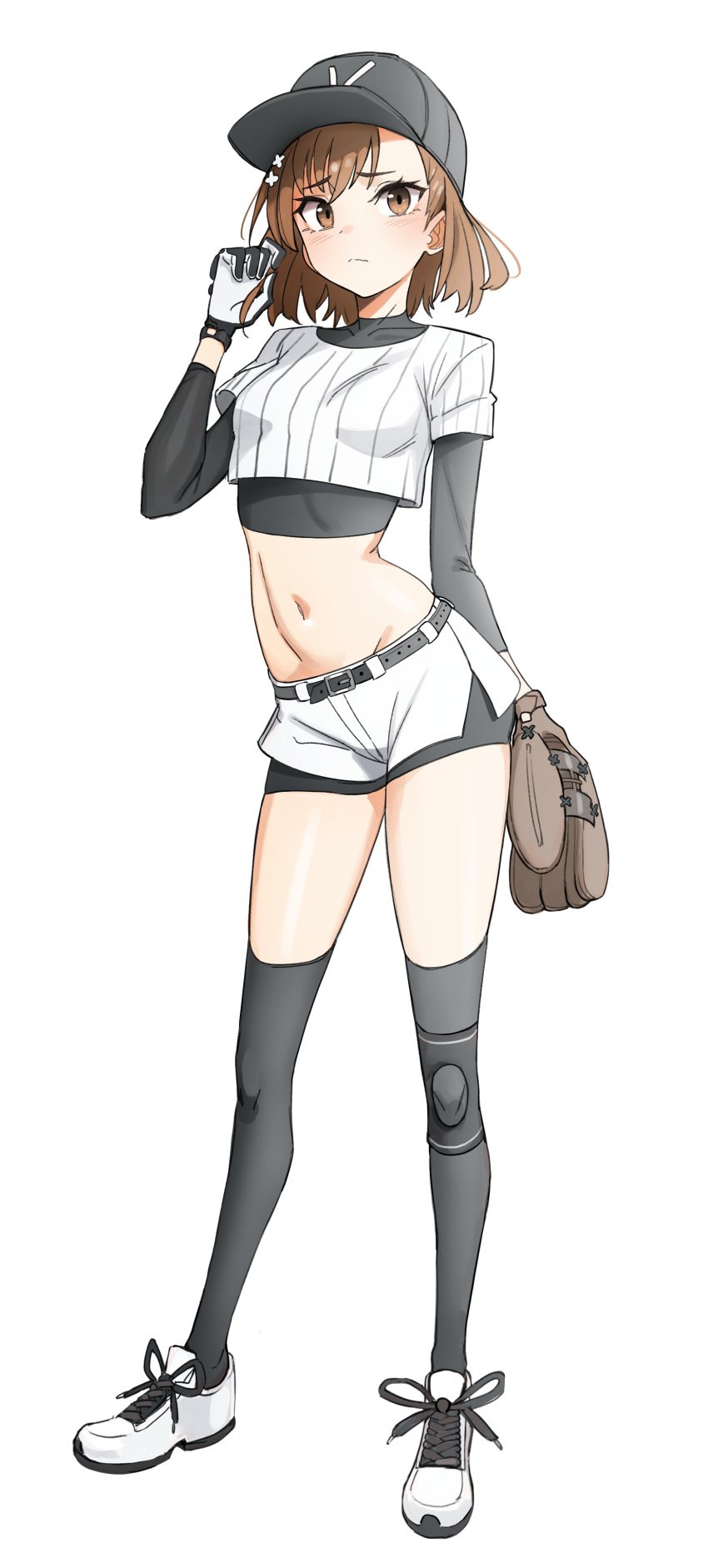 1girls absurd_res alternate_costume axfa bangs baseball baseball_cap baseball_glove baseball_uniform belt black_legwear black_socks blush brown_eyes brown_hair closed_mouth embarrassed female female_only flat_chest gloves hair_ornament hat hi_res human kiritzugu light-skinned_female light_skin looking_at_viewer midriff misaka_mikoto navel playing_with_hair shoes short_hair short_shorts shorts simple_background skinny_girl small_breasts socks socks_and_shoes solo sports_uniform sportswear teenage_girl teenager thigh_socks thighhighs tight_clothing to_aru_kagaku_no_railgun to_aru_majutsu_no_index white_background young