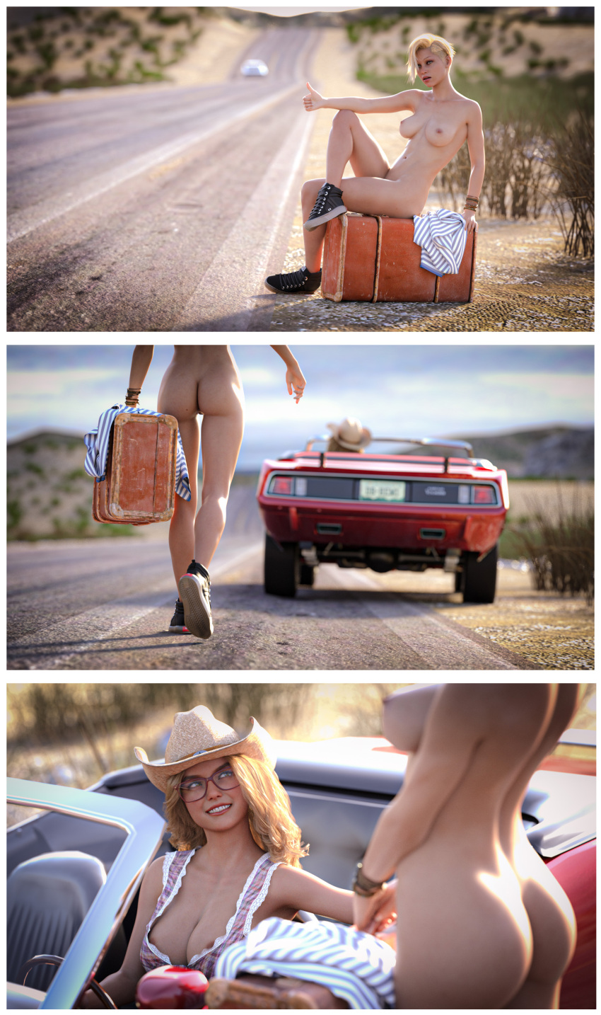 2girls 3d ass ass_cheeks asscheeks bag blonde_hair bracelet butt butt_cheeks buttcheeks car casual cleavage clothing cowboy_hat cute_butt desert eyewear female footwear glasses headwear hitchhiking human large_breasts naked nipple_slip nude nude_female nudist original original_characters pale_skin public pussy shoes_only short_hair suitcase vehicle wristwear zorglube