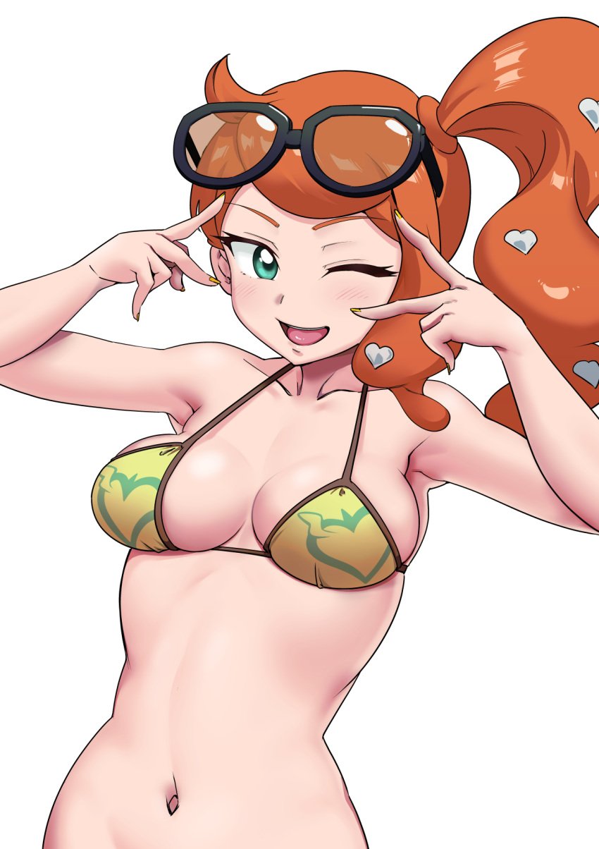 1girls 2022 alternate_breast_size bikini bikini_top breasts double_peace_sign double_v female female_only glasses glasses_on_head hair_ornament hairclip heart_hair_ornament large_breasts long_hair makino_harumaki nintendo one_eye_closed orange_hair peace_sign pokemon pokemon_ss side_ponytail simple_background slim_waist smile sonia_(pokemon) teal_eyes white_background wide_hips wink