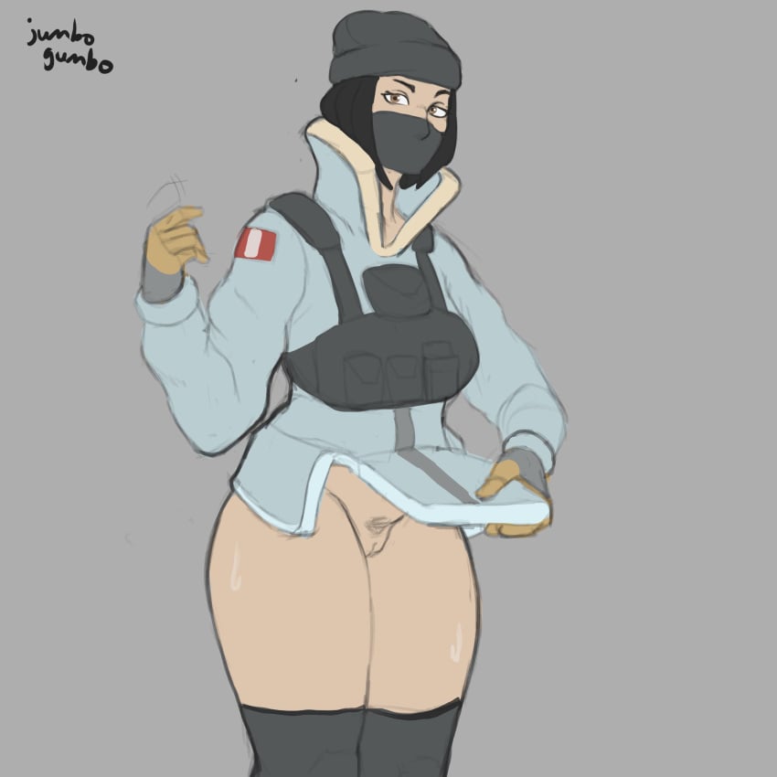 big_breasts female frost_(rainbow_six) inviting_to_sex jumbogumbo kneehighs looking_at_viewer military_uniform national_personification peru peruvian peruvian_flag pubic_hair pussy rainbow_six rainbow_six_siege thick_thighs vagina