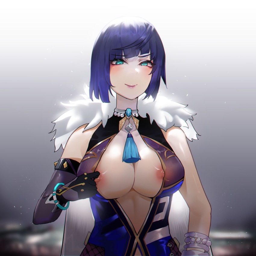 1girls blue_eyes bob_cut breasts breasts_out busty erect_nipples female genshin_impact haat heart-shaped_pupils hi_res hvvt large_breasts light-skinned_female light_skin looking_at_viewer naughty_face nipples no_bra smile yelan_(genshin_impact) yi_zhi_ai_xi