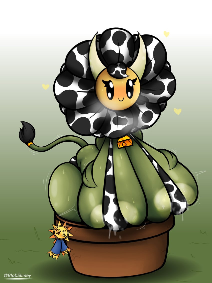 anthro big_ass big_breasts blobslimey cow_flower cow_girl cow_horns cow_tail cowbell cute lactating leaking_milk milk_squirt plant plant_girl ribbon sweaty_body sweaty_breasts tight_clothing