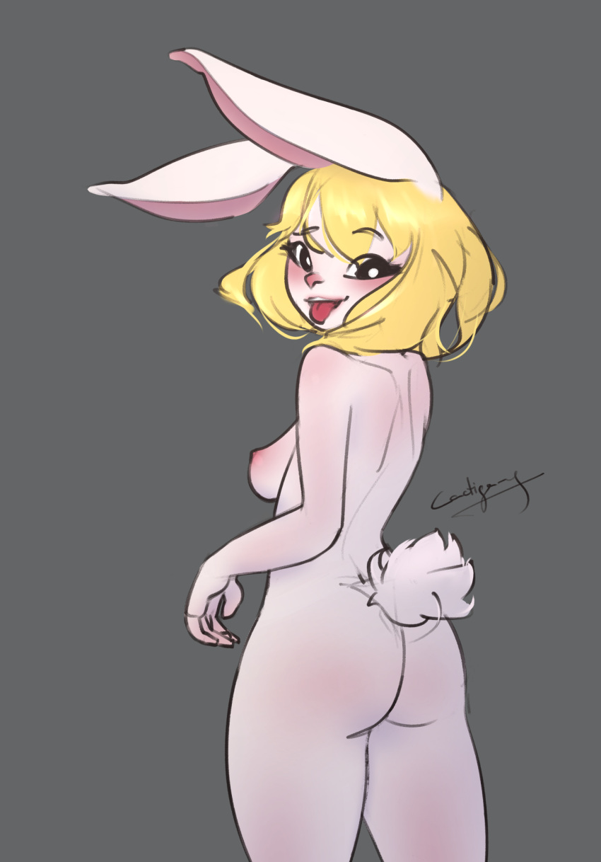 1girls animal_ears areola ass ass blush blushing_at_viewer bob_cut breasts bunny_ears bunny_tail cactigang carrot carrot_(one_piece) female female female_only fluffy fluffy_tail grey_background kemono kemonomimi looking_at_viewer looking_back medium_breasts monster_girl nipples nude nude_female one_piece rear_view short_hair sideboob suggestive suggestive_look thick_thighs thighs tongue tongue_out watermark yellow_hair