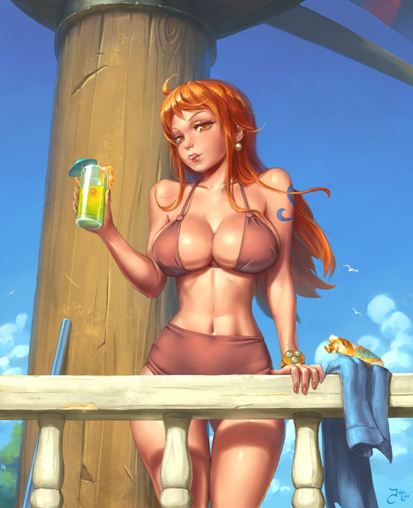 1girls big_breasts bloomers blue_sky breasts brown_eyes buruma cleavage curvy drink female female_only javyrus log_pose long_hair looking_at_viewer mast nami one_piece orange_hair pants_removed railing ship shoulder_tattoo sky slim slim_waist solo tattoo thousand_sunny tongue_out