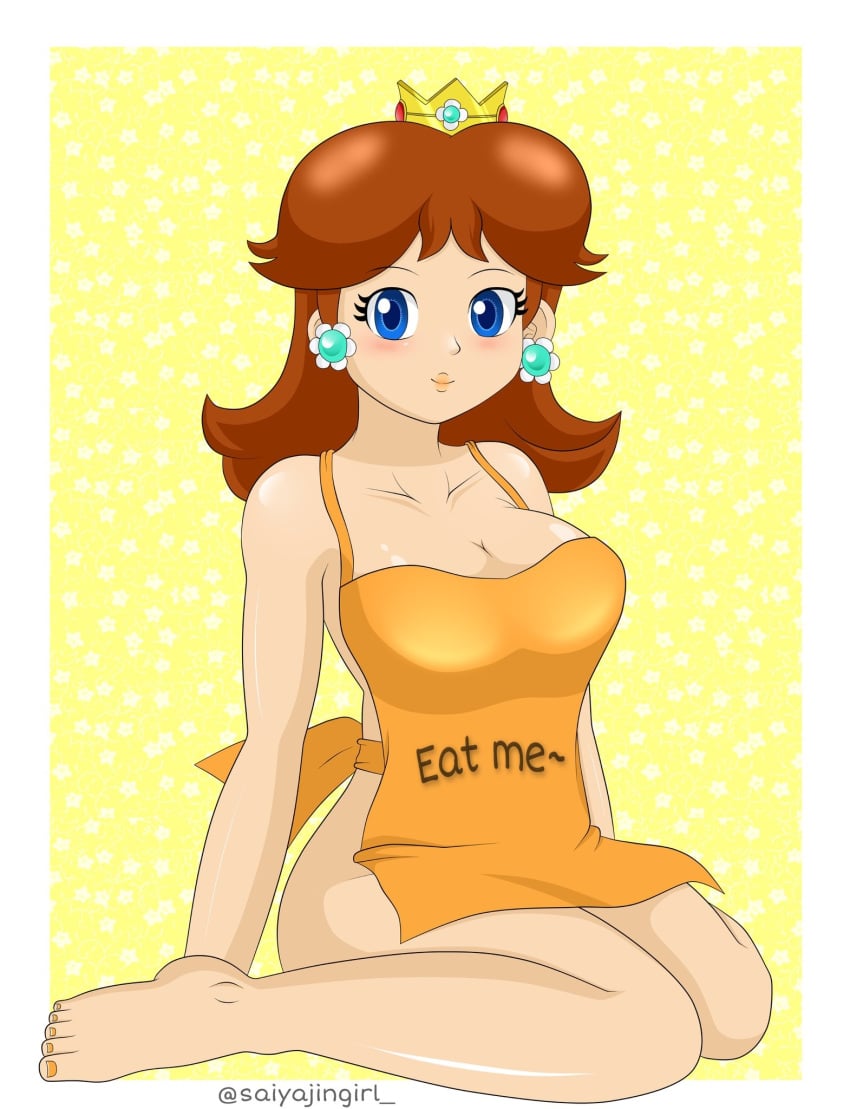 1girls apron barefoot blue_eyes blush breasts brown_hair cleavage clothing crown earrings eyelashes feet female female_focus female_only full_body hadaka_apron headwear high_resolution jewelry kneeling legs lipstick looking_at_viewer makeup mario_(series) naked_apron nintendo nude orange_lipstick orange_toes painted_toenails princess_daisy saiyajingirl seductive seductive_look simple_background sitting smile solo toenail_polish toenails toes tomboy wariza white_border yellow_apron yellow_background