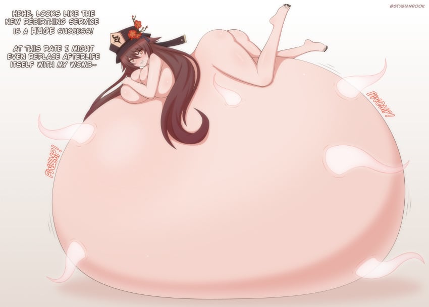 1girls belly_blob belly_expansion belly_inflation big_belly big_breasts breast_expansion dialogue expansion female female_only genshin_impact getting_bigger hu_tao_(genshin_impact) hyper hyper_belly hyper_breasts hyper_pregnancy inflation laying_on_stomach liyue_girls looking_at_viewer lying_on_belly naked nude nude_female pregnant pregnant_belly pregnant_female ready_to_pop rebirth size_fetish solo stygianrook tagme