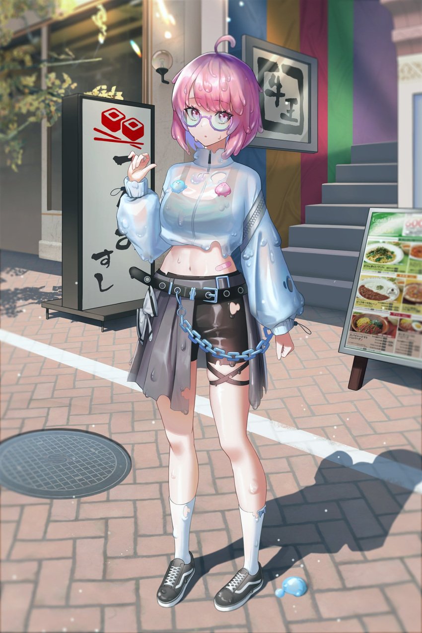 1girls aya bandage belly_button belt bow bra breasts chains dripping eyebrows_visible_through_hair glasses hand_up looking_at_viewer melting_clothes midriff outside pink_eyes pink_hair sae_(vtuber) see-through_clothing sign slime slime_girl small_breasts solo_female sweater virtual_youtuber zipper