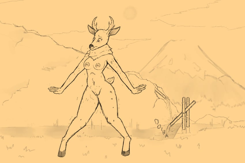 anthro bamboo bamboo_structure breasts breath_cloud capreoline cervid cloud female genitals grass holemann hooves horn japan mammal mount_fuji mountain neck_tuft nipples nude outside plant pond pussy reindeer scut_tail shaking shishi-odoshi short_tail solo sound_effects startled tuft water