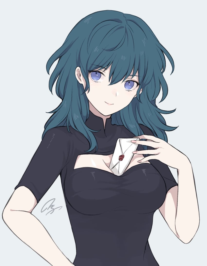 1girls between_breasts blue_eyes blue_hair breasts byleth_(fire_emblem) byleth_(fire_emblem)_(female) cleavage cleavage_cutout closed_mouth envelope female female_only fire_emblem fire_emblem:_three_houses highres letter nintendo shimizu_akina short_sleeves simple_background smash_invitation smile solo teal_hair upper_body