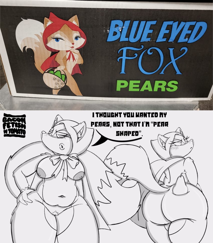 absurd_res anthro areola ass baconfetish'ntomato big_tail blue_eyed_fox blush bodily_fluids bow_tie breasts canid canine clothing dialogue digital_media_(artwork) english_text eyelashes female food fox fruit fur genitals headgear hi_res hood hooded inner_ear_fluff looking_at_viewer mammal mostly_nude navel nipples object_on_butt plant pubes pussy red_fox simple_background slightly_chubby solo sweat sweatdrop text thick_thighs tuft wide_hips