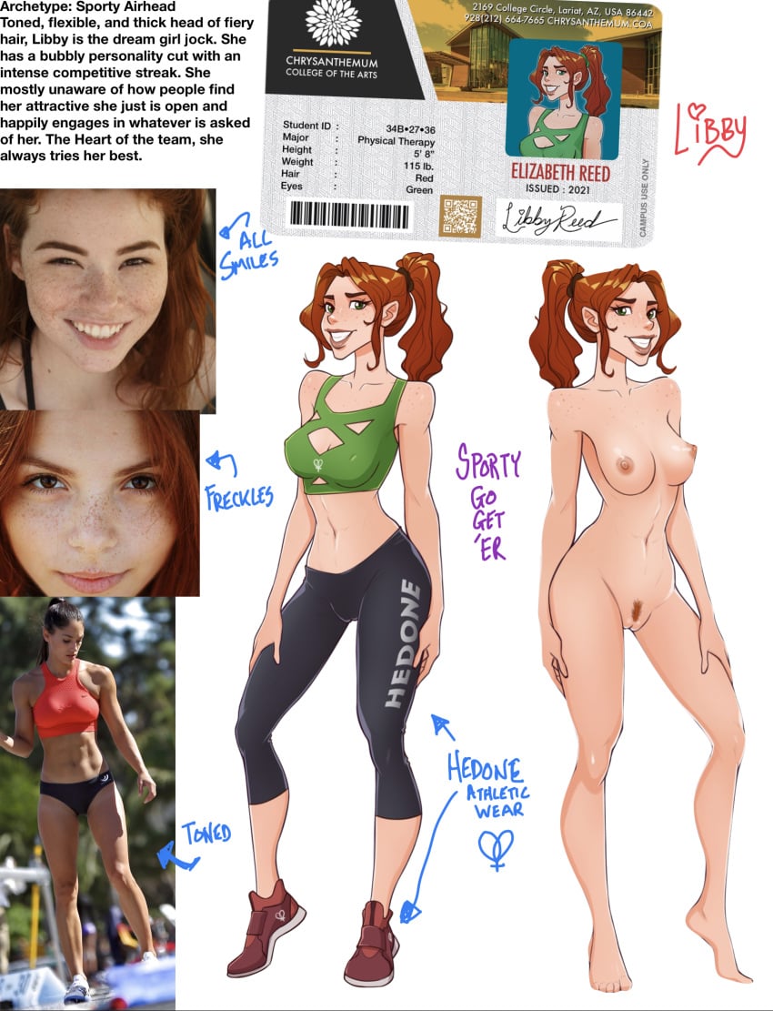 1girls 2021 athletic_female big_breasts cam_girl collage college_student dbx female_only freckles happy id_card kink_clique libby_reed light-skinned_female model_sheet oc ponytail red_hair sex_worker sports_bra the_clique toned_female updo yoga_pants