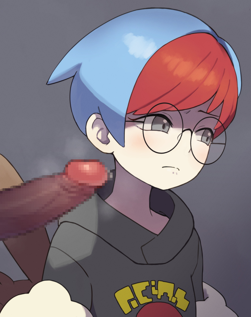 1boy bangs blue_hair blush censored chiwino closed_mouth commentary_request dark-skinned_male dark_penis dark_skin erection female forced frown glasses grey_background grey_eyes grey_hoodie highres hood hoodie mosaic_censoring multicolored_hair penis penny_(pokemon) pokemon pokemon_(game) pokemon_sv print_hoodie red_hair round_eyewear short_hair steam two-tone_hair uninterested